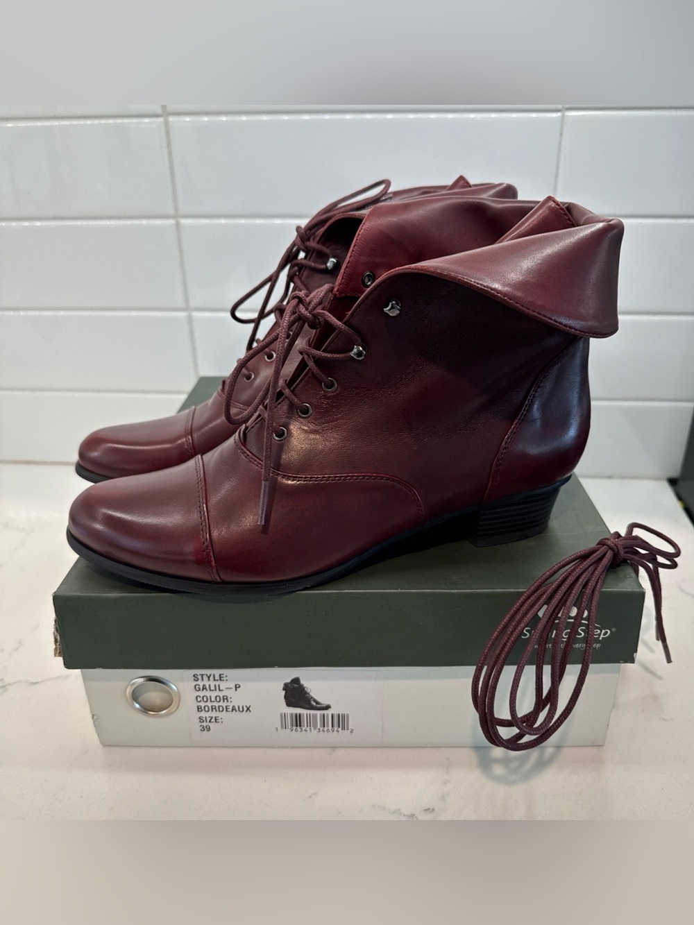 Spring Step Galil Lace-Up Fold-Over Bordeaux Red Leather Ankle Boots